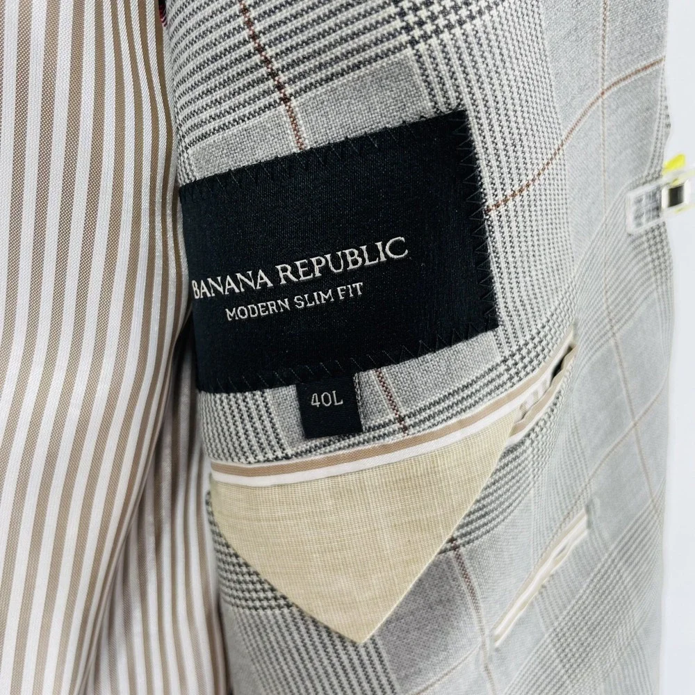 Banana Republic Blazer Men 40L Modern Slim Fit‎ Glen Plaid Italian Wool Gray